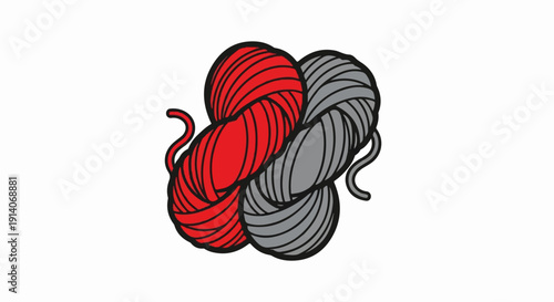 Two intertwined balls of yarn, one red and one grey, with loose strands