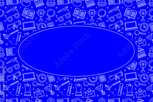 School attributes doodle pattern frame with blank oval. School supplies doodle pattern frame design. Seamless school attributes frame background. Back to school concept with copy space.