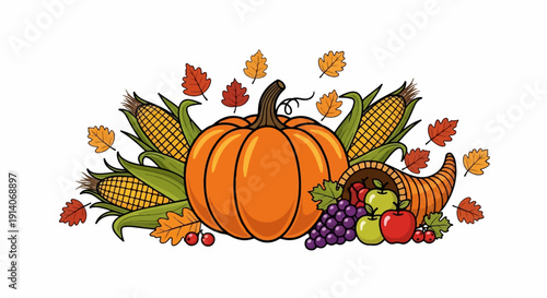 Autumn harvest arrangement with pumpkin, corn, grapes, apples, and fallen leaves