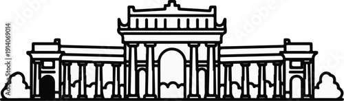 A classic building facade with symmetrical columns, a grand archway, and a tiered roof