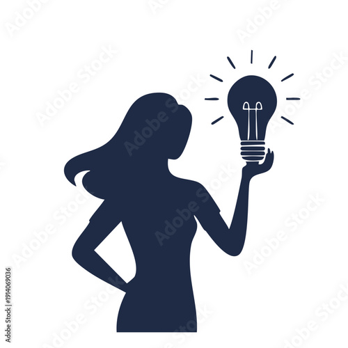 A woman holding a glowing lightbulb, symbolizing creativity and innovation in a simple illustration.