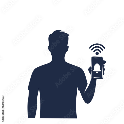 Man holding a smartphone with a notification bell and Wi-Fi signal icon beside it, standing alone, illustrating modern communication technology usage