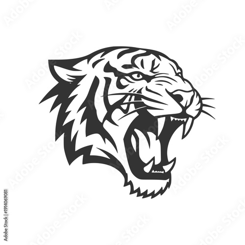 Detailed tiger head vector with aggressive roaring expression. High-contrast black and white illustration ideal for team logos and apparel print.
