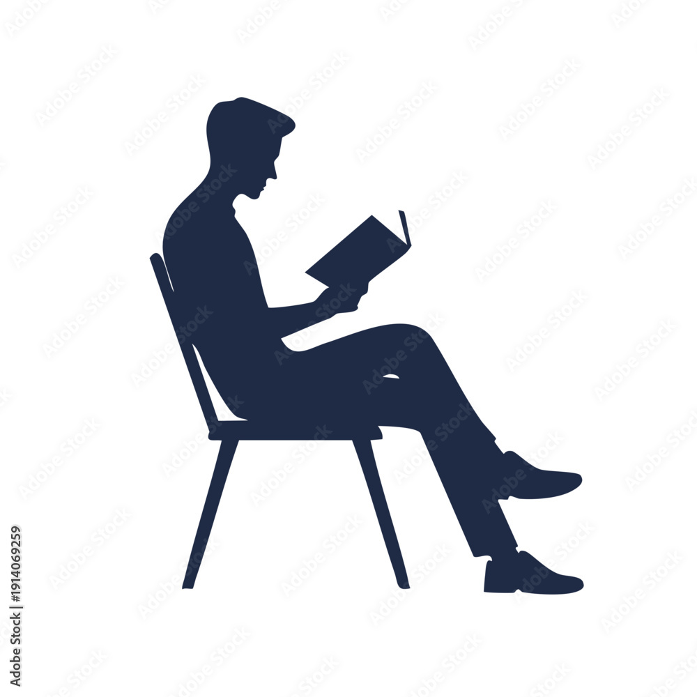 Fototapeta premium Man sitting on chair reading a book in a relaxed environment from a side viewpoint