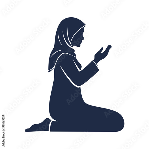 Woman kneeling in prayer, hands raised in supplication, illustration, profile view, serene atmosphere