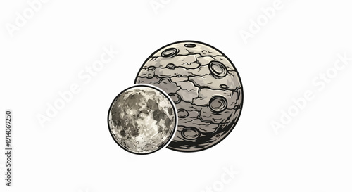 Two celestial bodies, one detailed, one simplified, against a white background