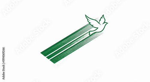 A stylized white dove with green wings and tail feathers soars upwards, trailing green lines that suggest speed or light