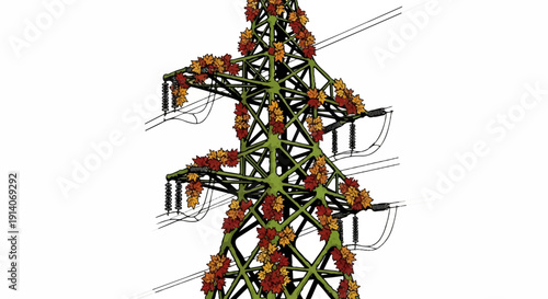 Green metal tower with autumnal leaves and power lines