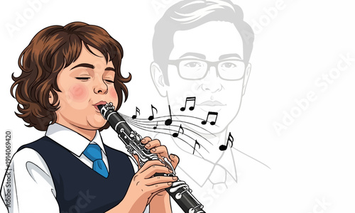 Young person plays clarinet, with faint outline of man with glasses