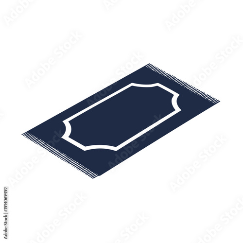 A dark blue rectangular rug with a white ornate border and decorative edges on a plain surface viewed from above
