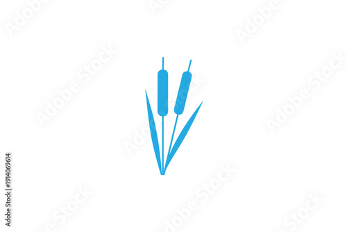 Blue silhouette of cattails growing in water with green leaves on white background, wetland plant simple icon