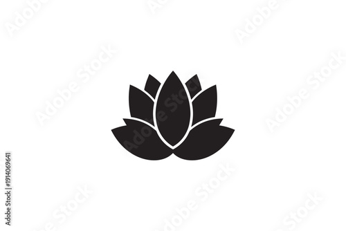 Black silhouette of lotus flower with multiple petals on white background, symbol of purity and enlightenment