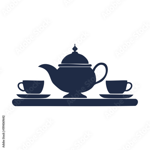 Teapot and two cups on a tray, a serene moment captured in a simple yet elegant illustration.