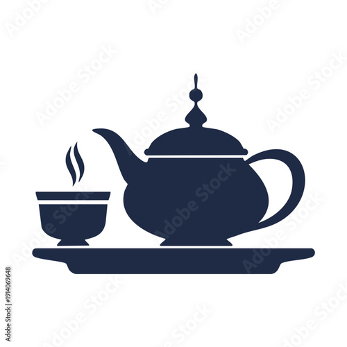A dark blue teapot and cup on a tray, viewed from the front, in a simple illustration style