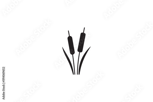 Black silhouette of cattails with green leaves on white background, simple vector illustration of aquatic plants