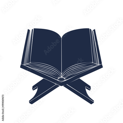 An open book resting on a decorative cradle viewed from a straightforward perspective