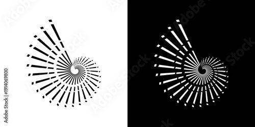 Dynamic abstract spiral sound wave rhythm lines. Circular spiral sound wave rhythm of lines. Circular futuristic abstract lines, black and white background.