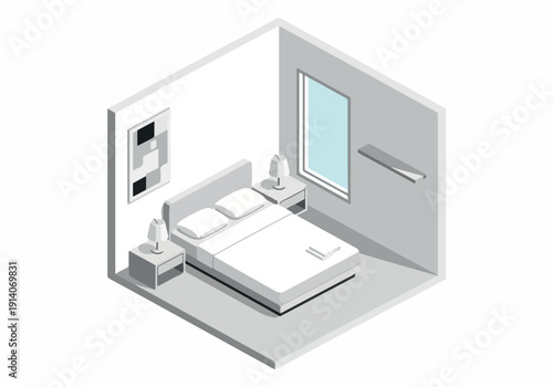 Isometric 3D illustration of a modern bedroom with a bed, bedside tables, and a window, rendered in grayscale