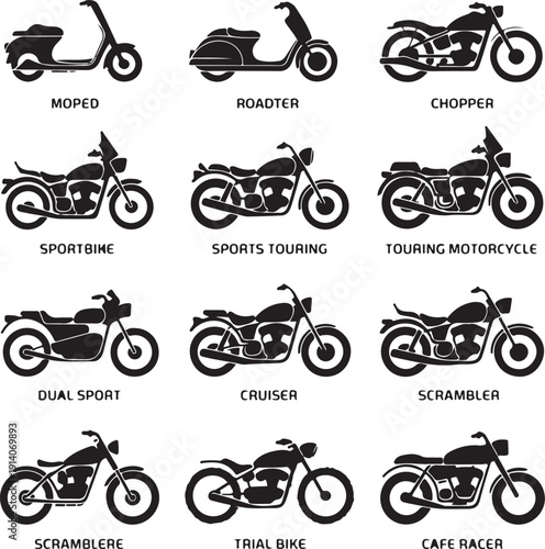 List of different type of motorcycle, bike, and motorbike icon set. Side view of all kind of motorcycle from moped, scooter, roadster, sports, cruiser, touring, scrambler, trial bike, and chopper