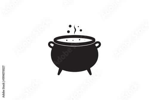 Black silhouette of a cauldron with steam rising and bubbling contents, perfectly centered on a plain white background