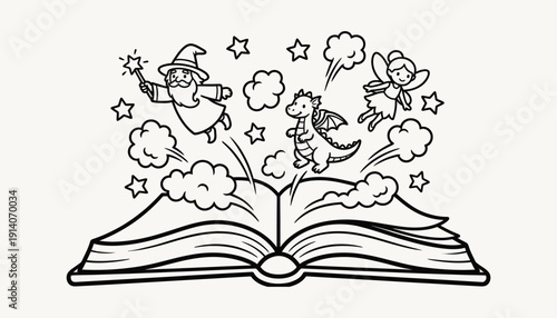 A whimsical illustration of a book with magical elements