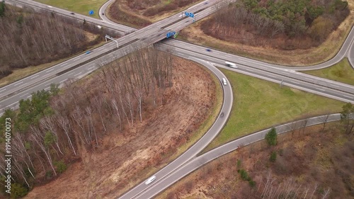 Aerial Drone View of Highway Interchange with Curved Ramps in Autumn