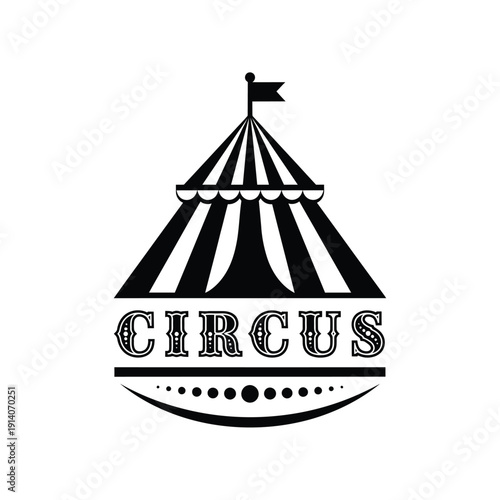 Vector illustration icon black and white illustration of a circus tent with striped canopy and flag on top