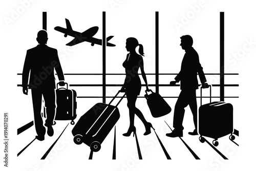 Airport Lifestyle Silhouette with Travelers and Luggage