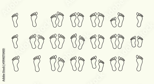Multiple rows of outlined human footprints and pairs of feet on a light background, illustrating various positions.