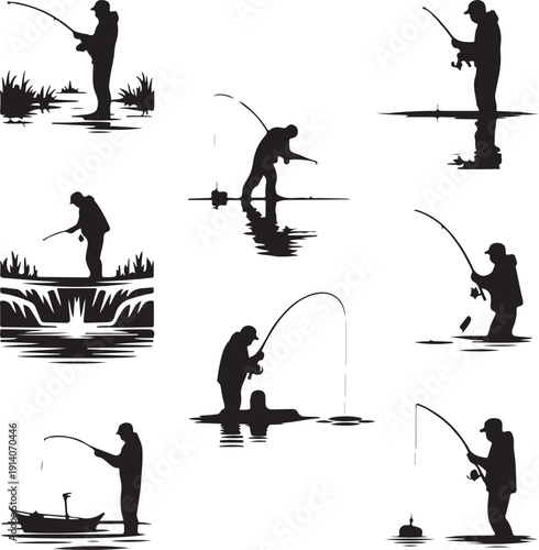 Silhouette of man fishing in various poses on water  recreational activity