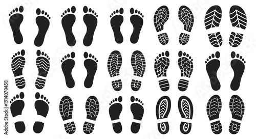 Collection of various black human footprints and shoe sole prints on a white background, showing different patterns and types of tracks.