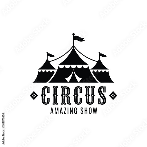 Vector illustration icon black and white circus logo with tent and flags