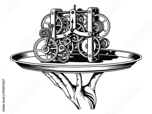 Human hand holding mechanical clockwork on tray vintage style concept vector