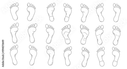 A collection of detailed line drawings of human footprints, showcasing various arch types and sole imprints.