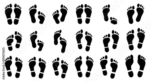 Collection of black silhouette footprints in various sizes and orientations, representing walking or movement.