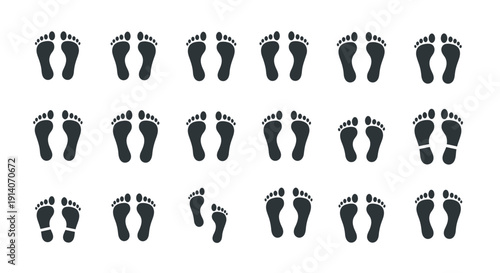A collection of diverse footprint icons representing various steps and sizes, arranged in a grid.
