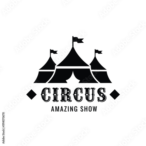 Vector illustration icon black and white circus logo with tents and flags
