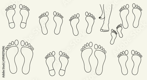 Collection of diverse footprint outlines, showcasing various sizes and orientations, including adult and child sizes, on a neutral background.