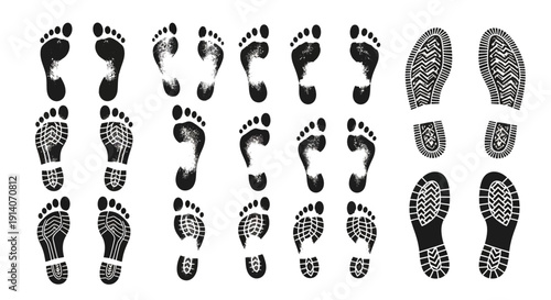 A collection of diverse footprints and shoe prints, showcasing various patterns and textures of human and footwear impressions on a surface.