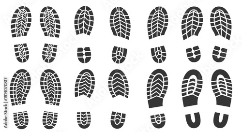 Collection of various black shoe and boot prints showing different sole patterns and textures on a white background.