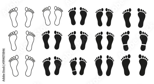 A collection of human footprint icons showing various foot shapes and outlines in black and white.