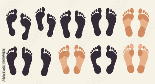 Detailed illustration of various human footprints in different colors and orientations, depicting walking or standing patterns on a light background.