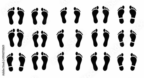 Collection of black human footprint icons showing various stances and directions on a white background.
