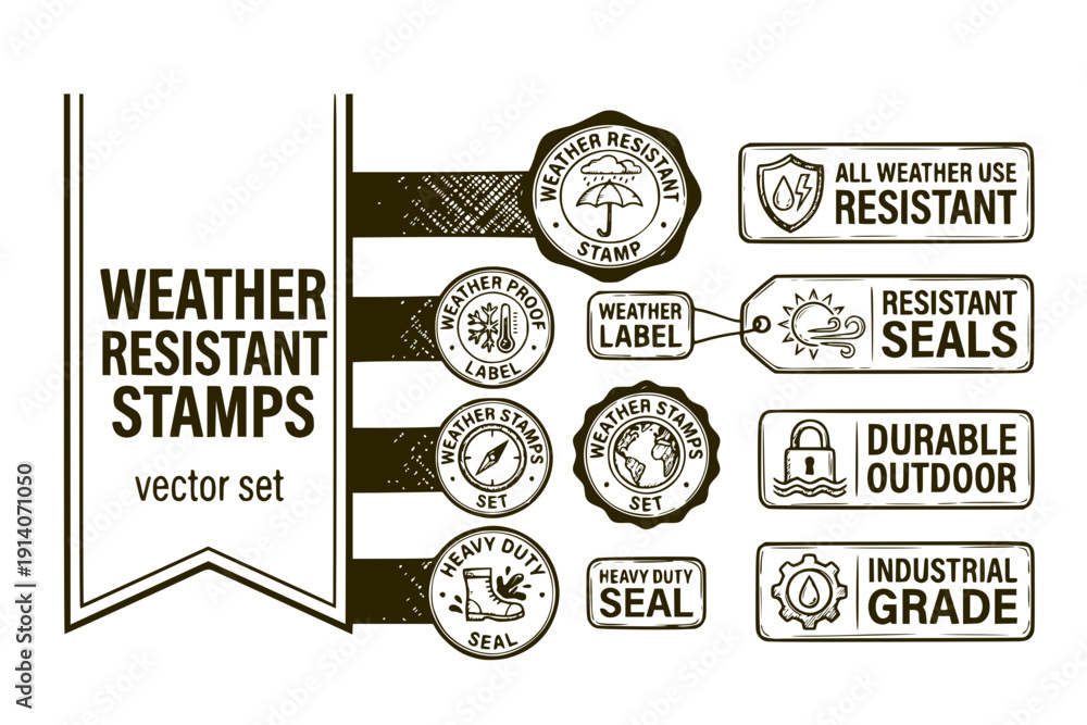 Obraz premium Weather Resistant Stamps All-Weather-Stamps Weather-Proof-Labels Resistant-Seals Weather-Stamps-Set All-Weather-Resistant Weather-Proof-Stamps Vector Set - Weather Stamps