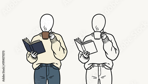 Two people reading and drinking coffee