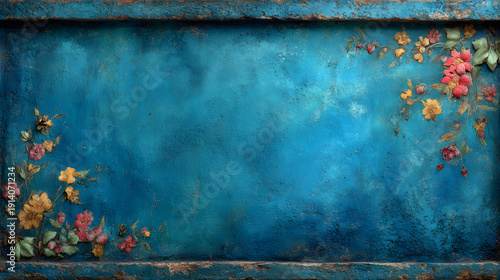 Vintage blue painted frame with floral corners and distressed plaster texture, decorative border background with copy space.