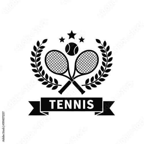 Vector illustration icon tennis emblem with crossed rackets and laurel wreath