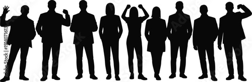 Silhouette of diverse group of people standing in a line with varied poses vector illustration