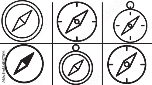 Compass line icon set with navigation symbols in clean outline style for map, travel, UI graphics.