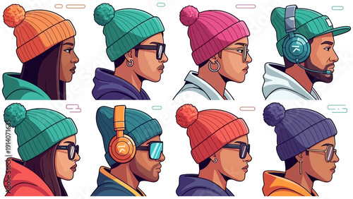 diverse young adults modern cartoon profile portraits showcasing trendy streetwear stylish beanies glasses and headphones embodying urban youth culture.